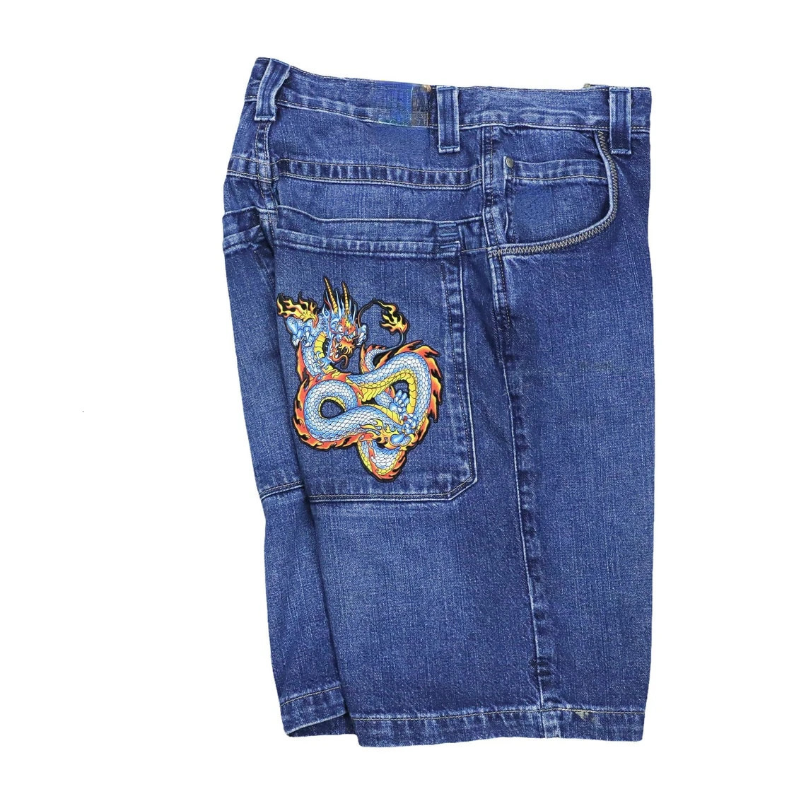 Hip Hop Dragon Embroidery Retro Denim Shorts Y2k Blue Wash Wide Leg Straight Work Pants Men Women Streetwear Jorts Clothing 260306