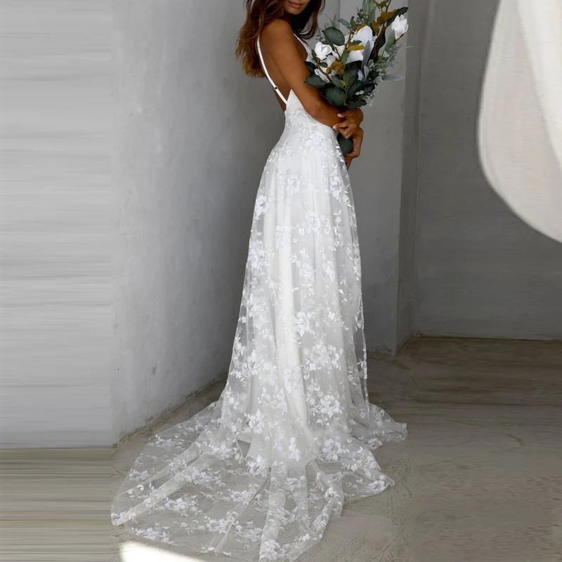 Elegant Ladies Backless High Split Party Dress Sexy Sling V Neck Jacquard Mesh Long Fashion White Wedding 260306