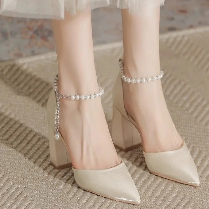 Elegant Pearl-Embellished Satin Heels - 5cm Chunky Low Heel Bridal Shoes with Adjustable Ankle Strap 260303