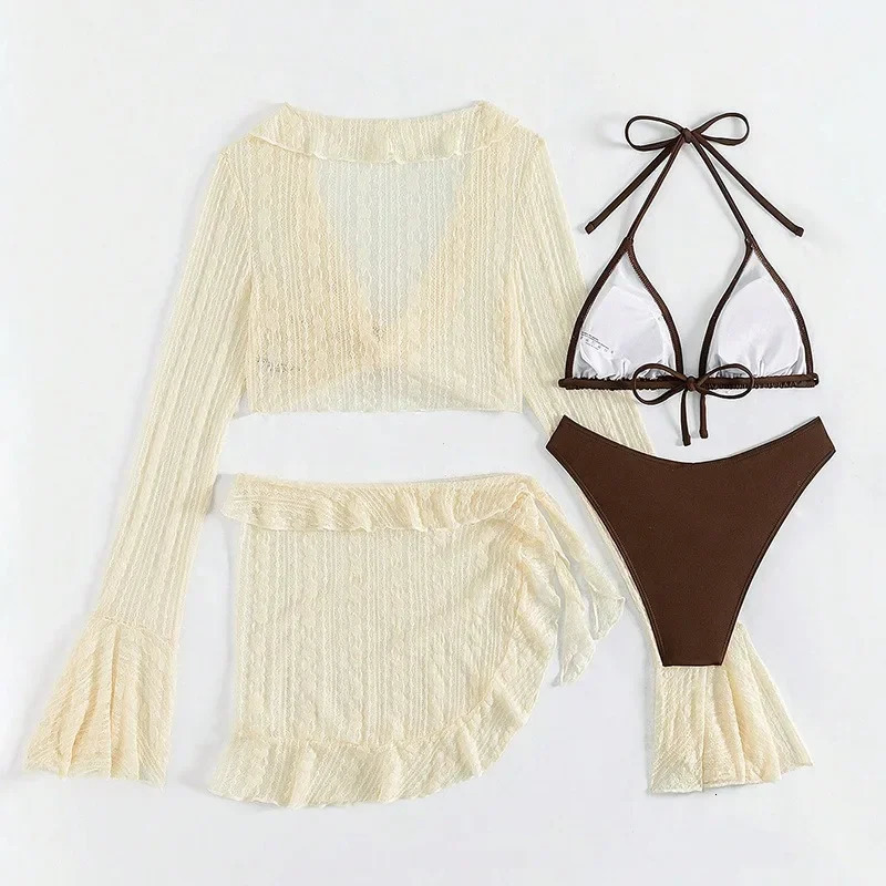 Women Swimsuit Longsleeve Coverup Swimwear Sexy Fourpiece Summer Solid Bikini Set Brazilian Beachwear Party Bathing Suit 260306