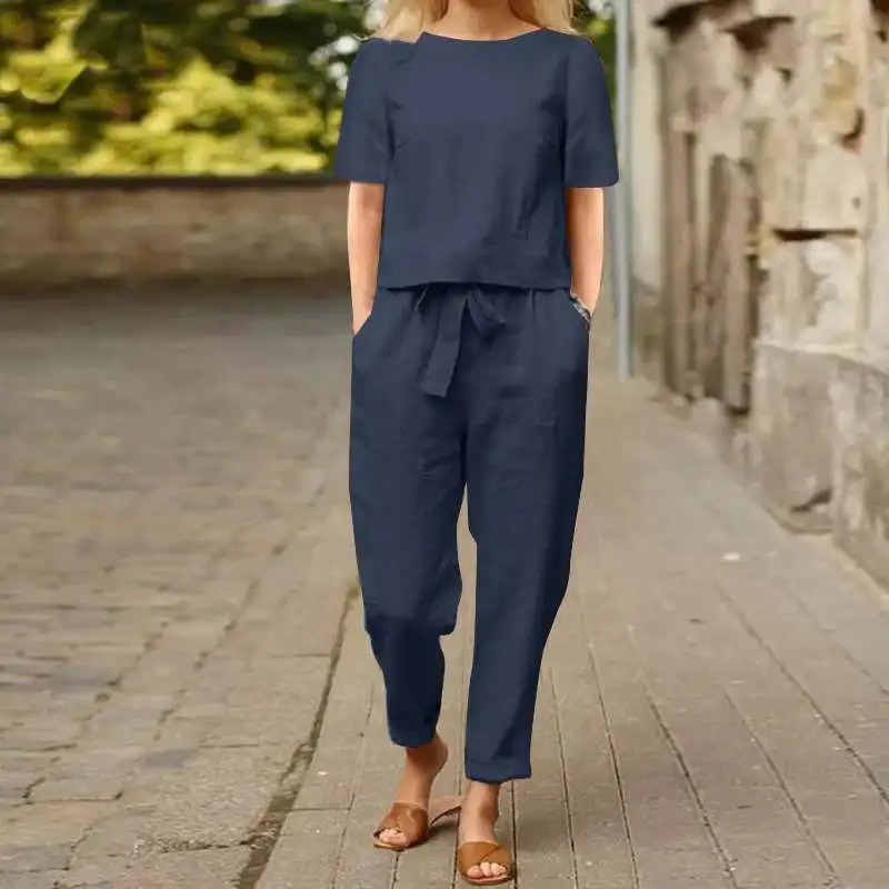 Womens Cotton Linen Suit Summer Matching Halfsleeved Round Neck Tie Elastic Waist Trousers Wideleg Pants Retro 260306