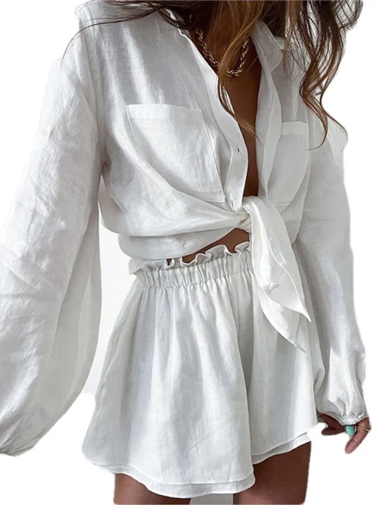 Summer Womens Casual Fashion Solid Color Sexy Lace Up Vneck Ruffle Edge Long Sleeved Shorts With Pocket Shirt Set 260306