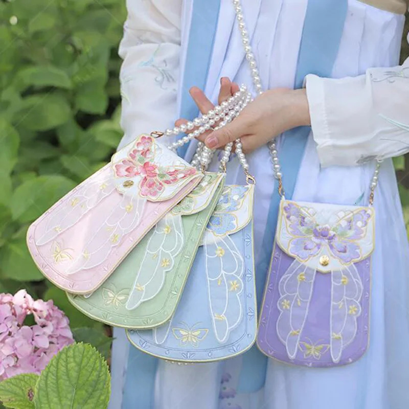 Hanfu Handbag Anime Cosplay Butterfly Pendant Purse Embroidered Bag Retro Chinese Style Fairy Pearl Chain Square 260307