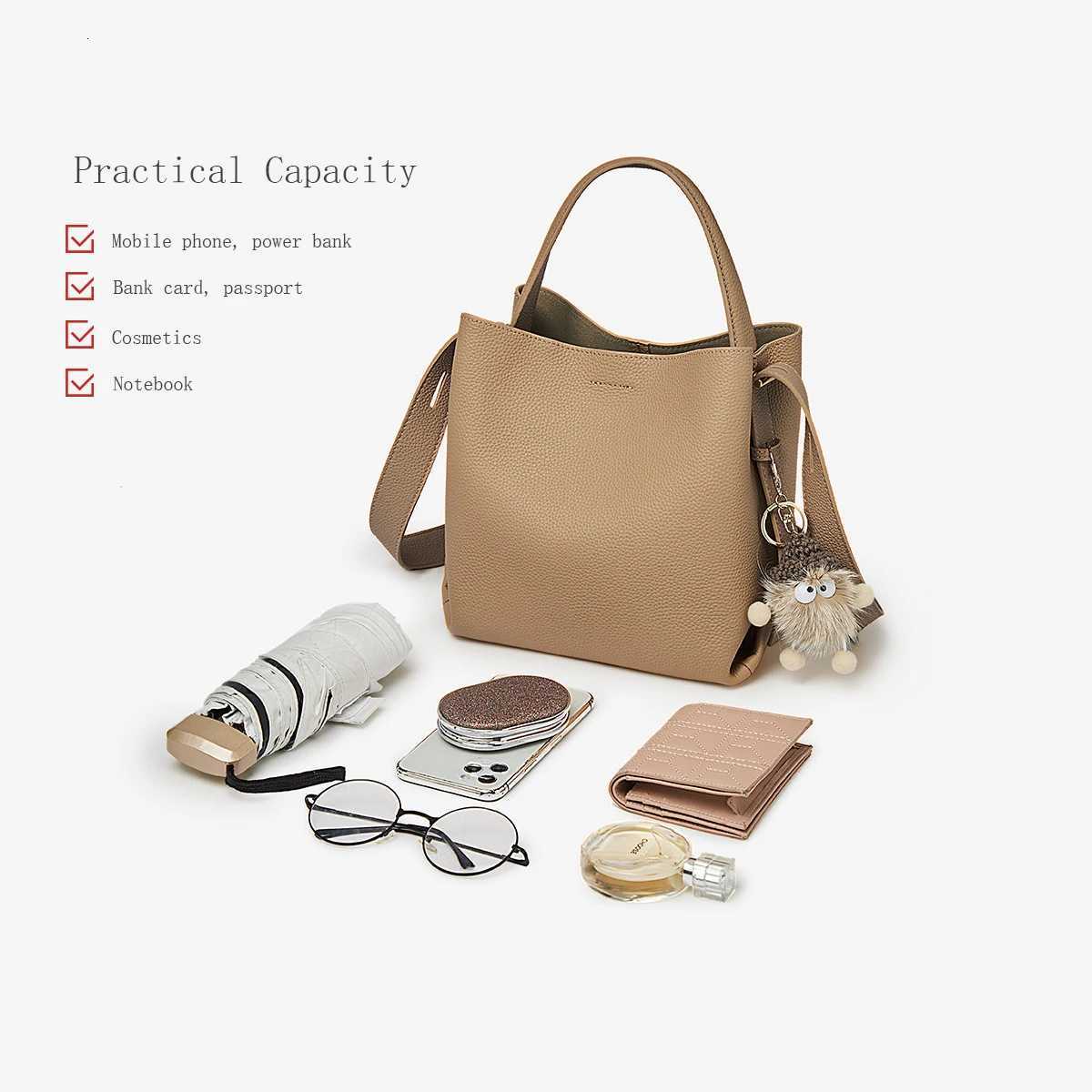 FOXER Simple Genuine Leather Handbag Womens Shoulder Bag Tote Bucket Bag Large Capacity Female Cross body Bag Pusre Casual H260306