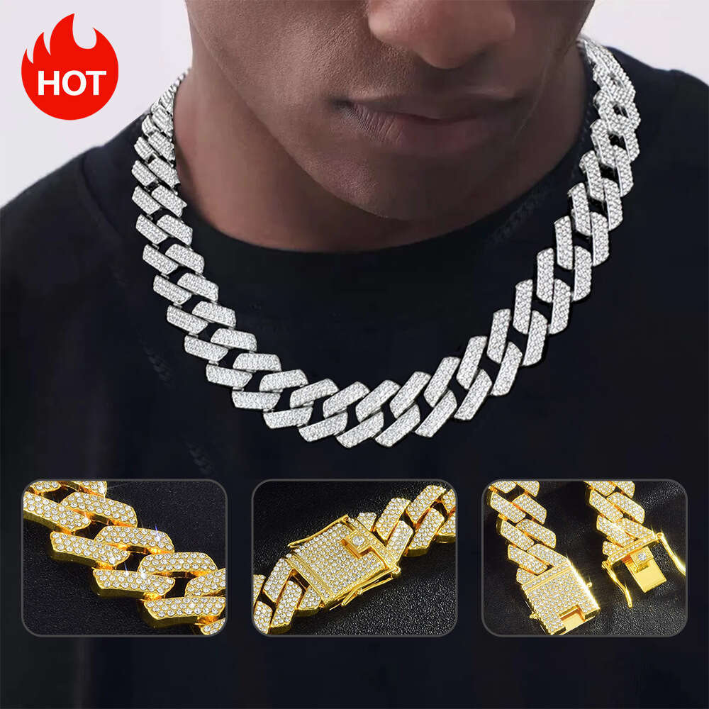 Cross-Border Hot Cuban Necklace High-Quality Light Luxury Fashion Alloy Three-Row Diamond 20mm Chain Factory Direct Sale Trendy