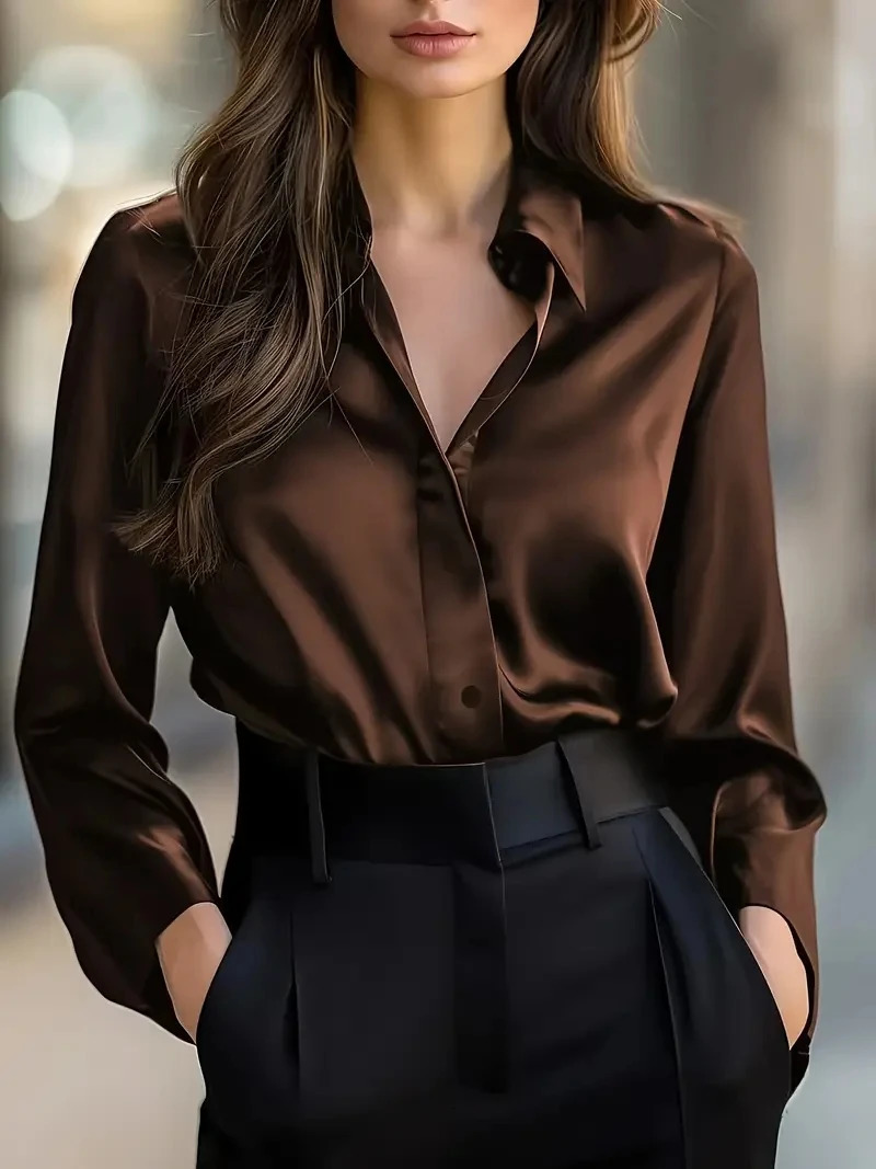 Elegant Black Satin Long Sleeve Blouse for Women ButtonUp Collar Shirt Perfect Casual or Professional Wear 260228