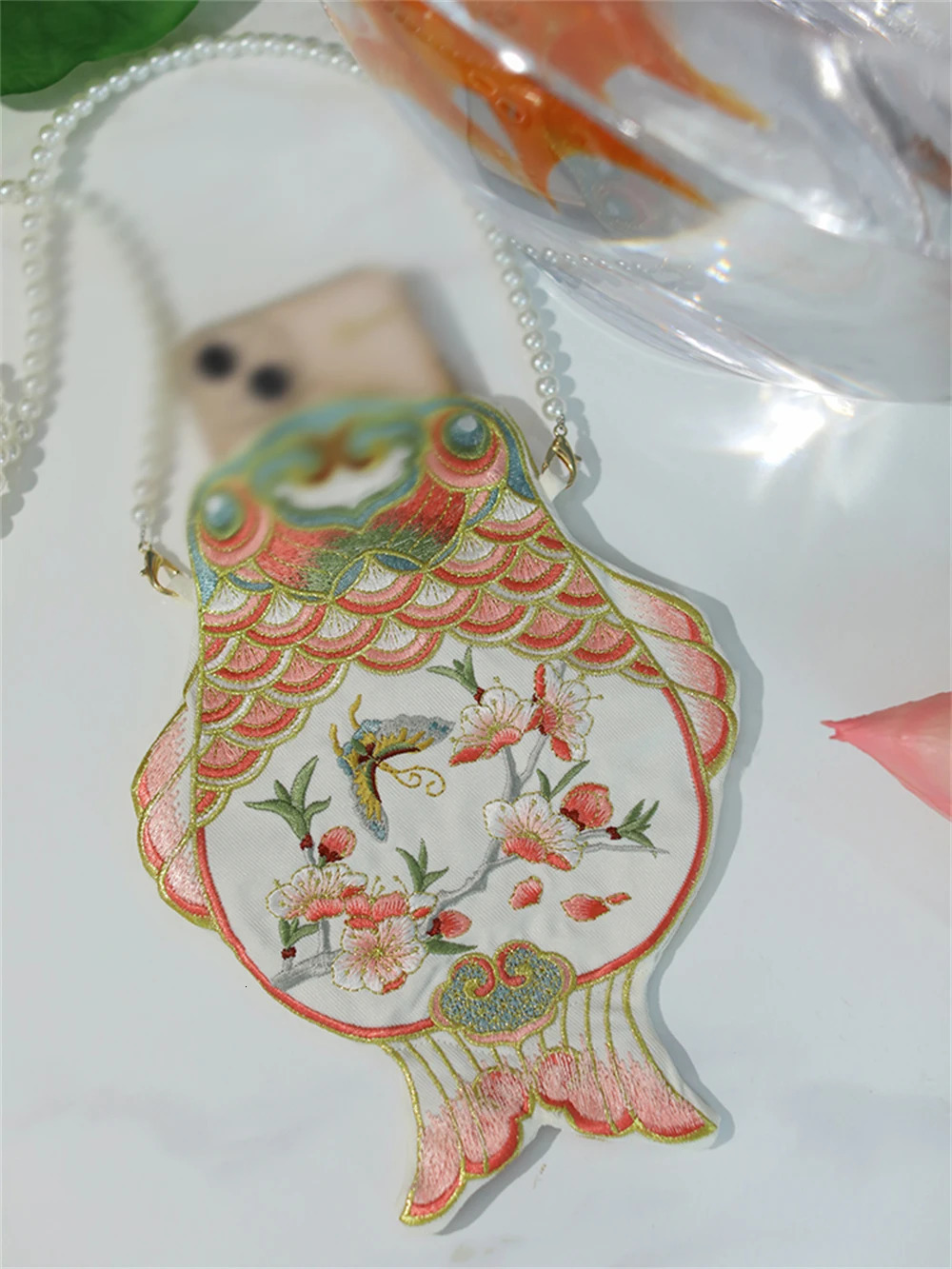 1pc Ancient Style Goldfish Satchel Women Crossbody Hanfu Shoulder Bag Girl Twosided Embroidery Gift Costume Accessory 260307