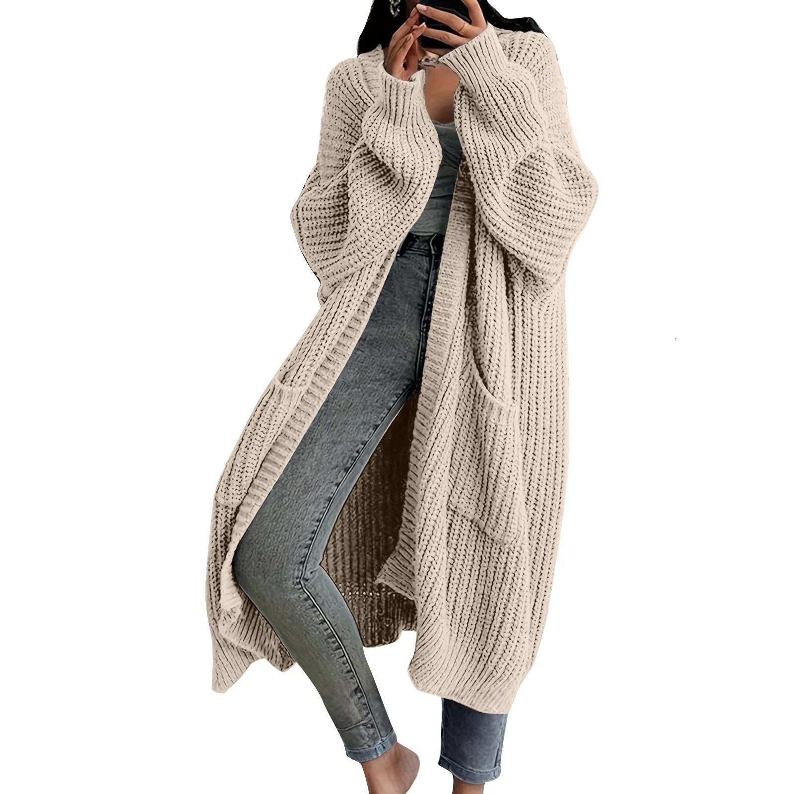 Womens Fashionable Solid Color Long Sleeved Knee Length Knitted Cardigan Fashion Lazy Trend Casual Warm Loose Outwear 260305