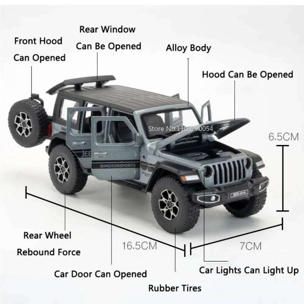 1:32 Wrangler Rubicon Diecast Off-road Vehicle Alloy Model Toys Car Doors Opened with Sound Light Pull Back Police Cars Kid Gift Z260306