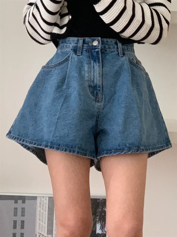 REALEFT High Waist Washed Womens Denim Wide Leg Shorts Summer Buttons Casual Female Blue Jeans Trouses Pockets 260306