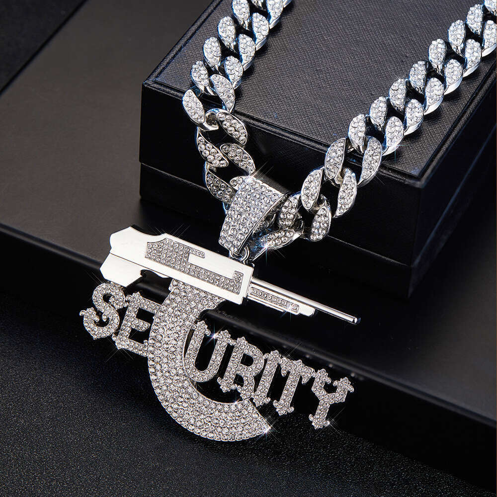 European and American hip-hop pendant SECURITY letter pistol high-quality domineering alloy rhinestone Cuban chain necklace accessory