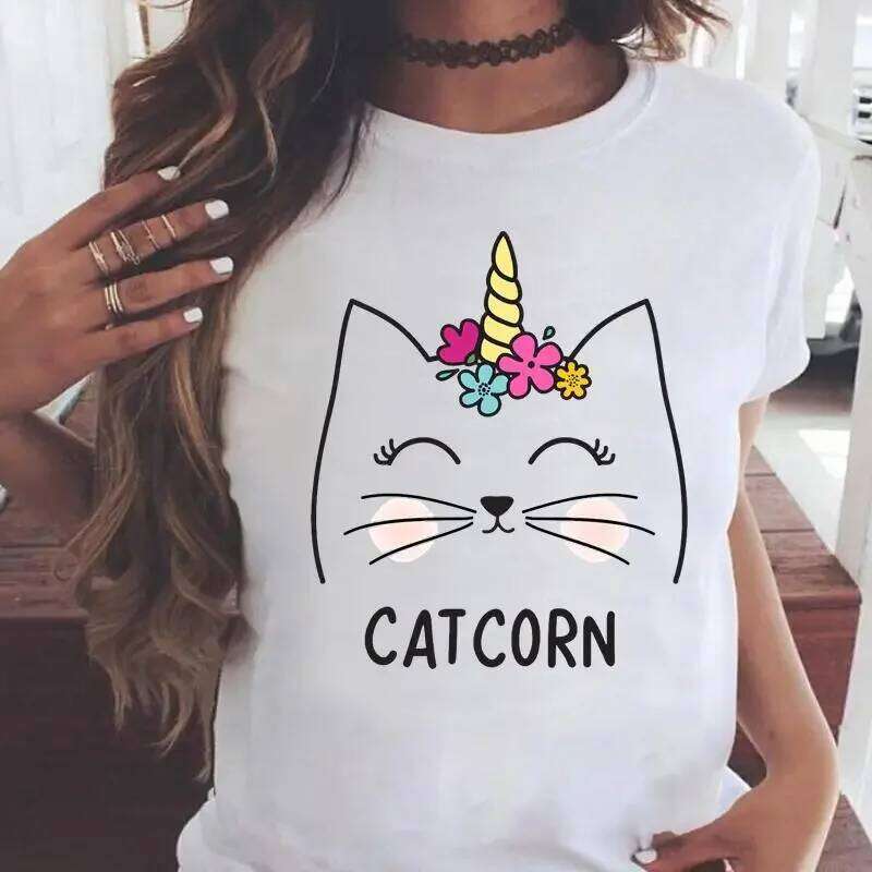 Fashion Women Cartoon Cat Love Pet Lovely Style Shirt Print T-shirts Stylish Short Sleeve Graphic T Top Female Tee T-Shirt XJ260306 XJ260306