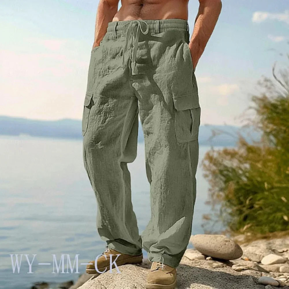 2026 European And American Mens Cotton And Linen Trousers Multi-pocket Work Pants Loose Straight Sportswear And Casual Trousers 260305