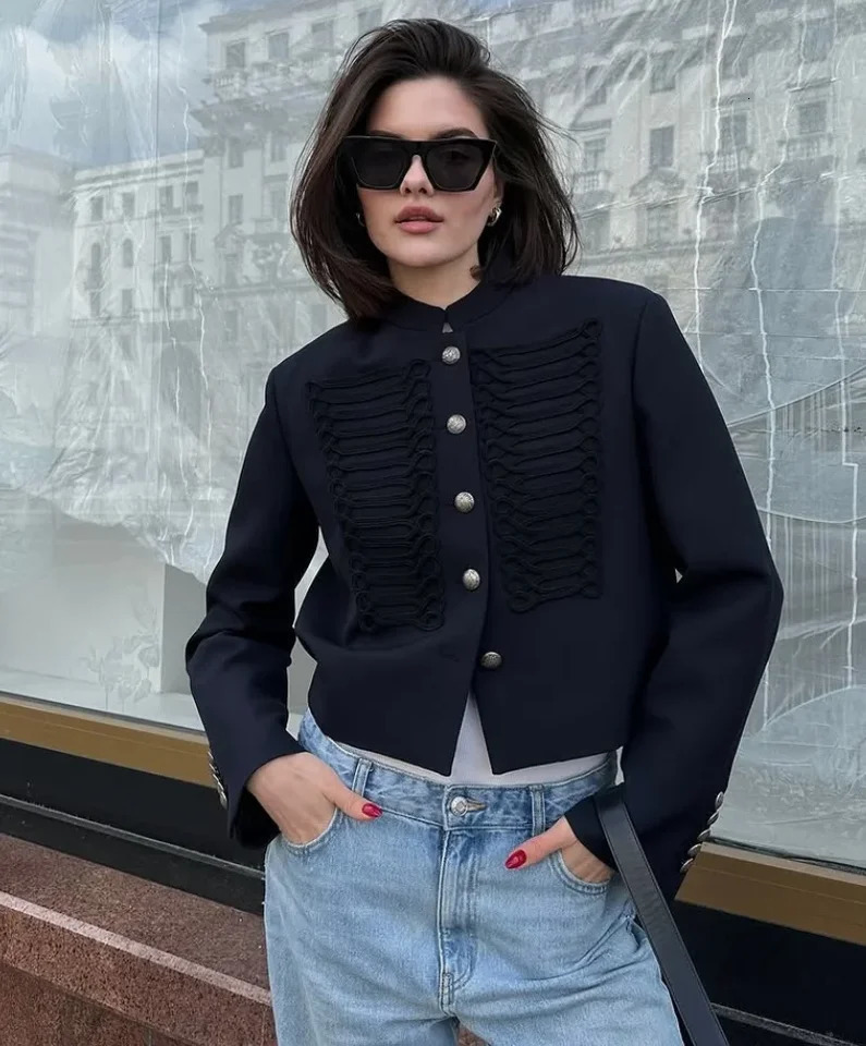 Women Retro Denim Military Jacket Lady Vintage Solid Stand Collar Single Breasted Slim Short Jackets 2026 Daily Street Outerwear 260303