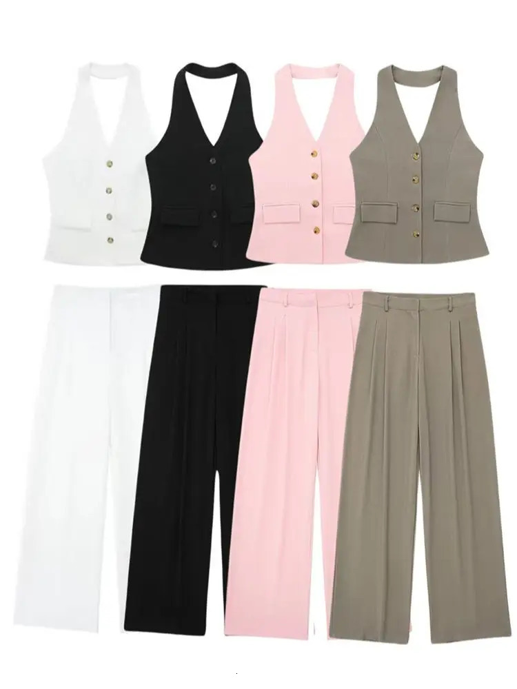 HH Women 2 Piece Set Halter Neck SingleBreasted Pocket Sleeveless Vest TopsHigh Waist Zipper Pockets Wide Leg Pant 260306
