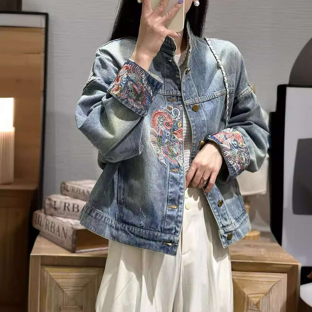 Mardi Hefxessdr Spring Autumn Denim Coat blue Chinese Retro National Style Embroidery Denim Jacket 2025 New Women Jacket Fashion Loose Coat