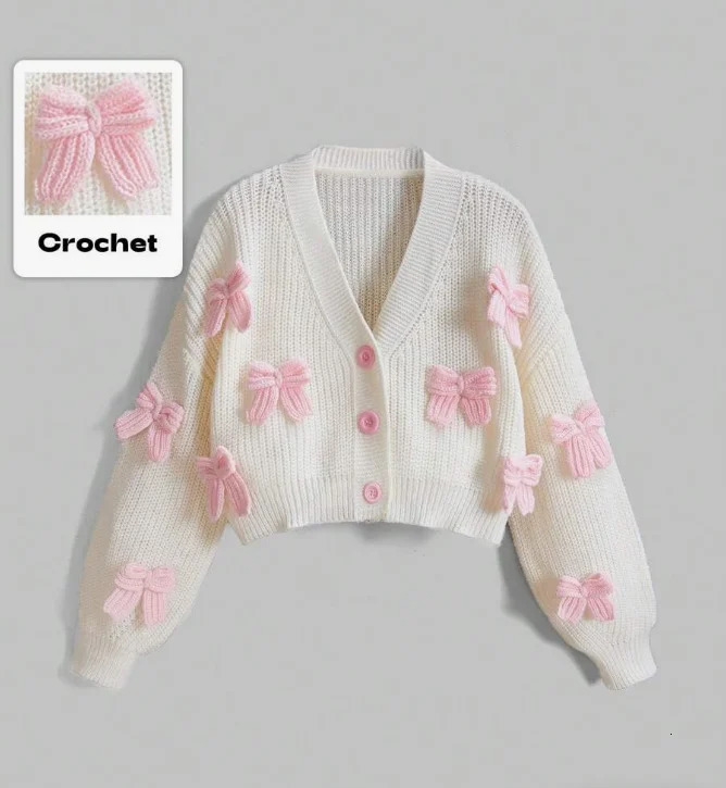 Ladies Elegant Pink Bow Knot Sweater Cardigan Long Sleeve Top for Spring Autumn Cute Woolen Style with round Buttons 260306