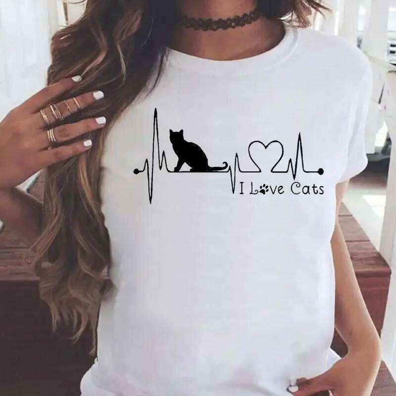 Fashion Women Cartoon Cat Love Pet Lovely Style Shirt Print T-shirts Stylish Short Sleeve Graphic T Top Female Tee T-Shirt XJ260306 XJ260306