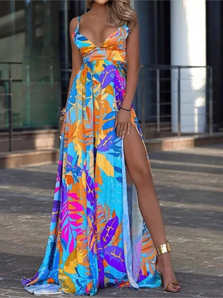Color Print Spaghetti Strap Long Dresses Women Sexy Deep Vneck Backless Slit Dress Fashion Bohemian Beach Vacation Maxi Vestido 260306