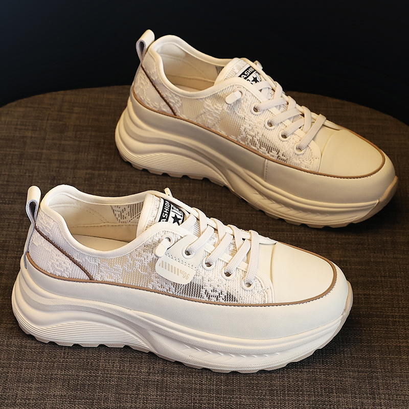 Free Shipping 2026 Women's Black & White Lace Panel Platform Sneakers, Chunky Sole Casual Shoes 34-40