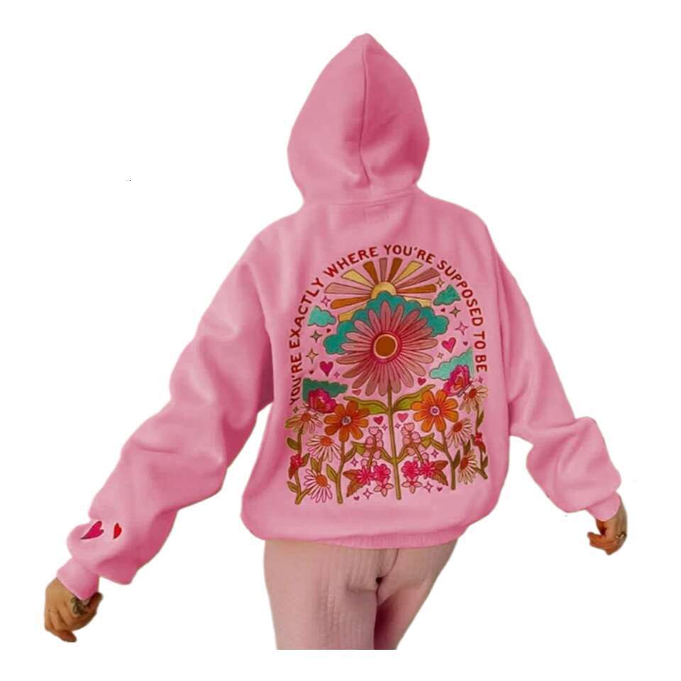Combhasaki Women's Y2k Floral Letter Embroidered Hooded Pullover Cozy Stylish Long Sleeve Loose Sweatshirts With Kangaroo Pocket Gym Clothing Swe