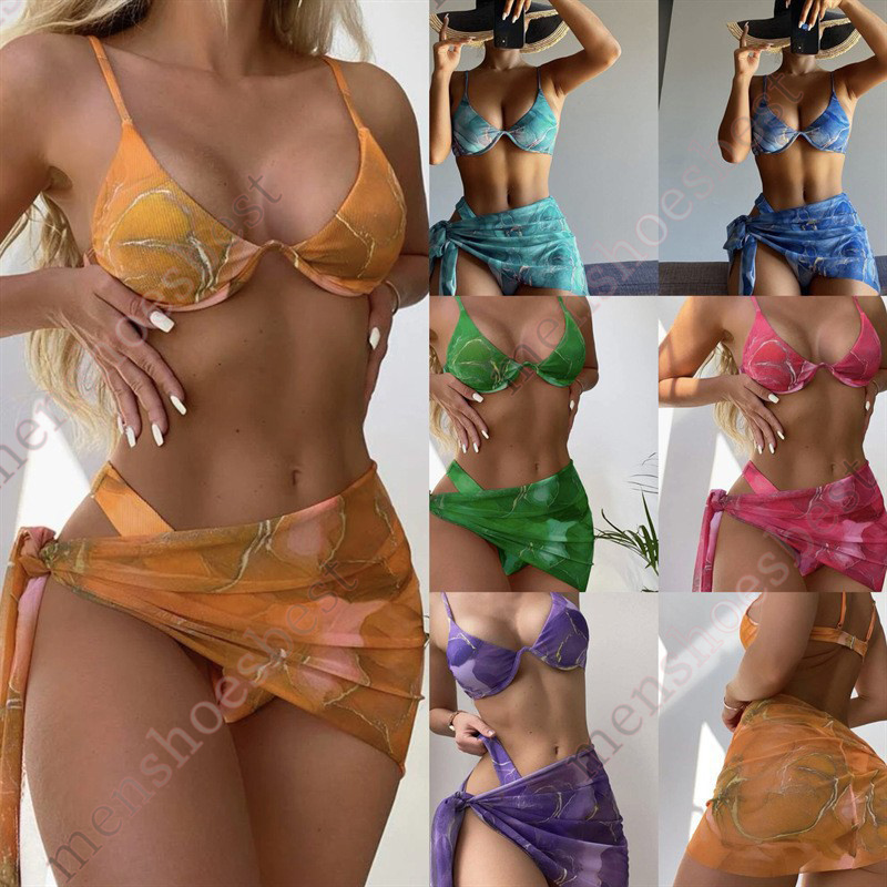 maillot de bain designer swimsuit women ladies bikinis New multi-color printed corrugated steel strap bikin three-piece swim suit