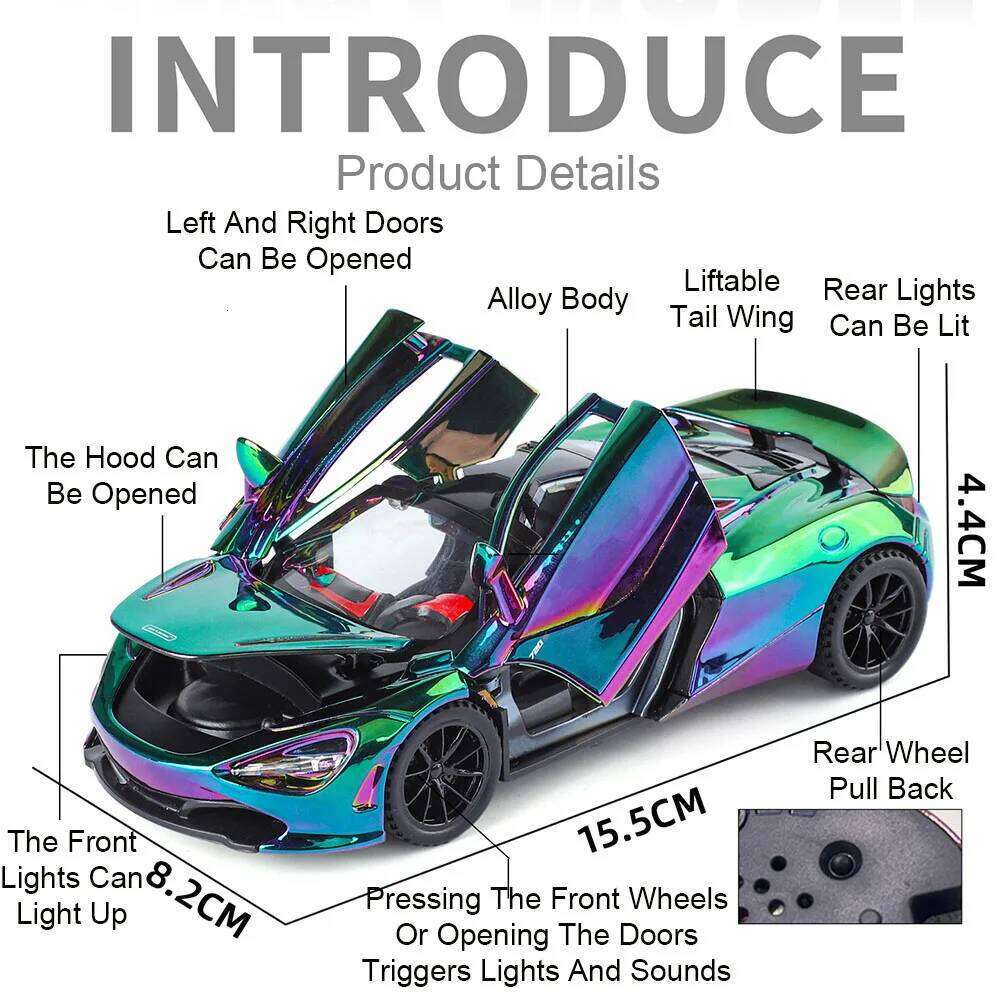 1: 32 Scale 720S Alloy Model Toys Diecast Car Doors Opened Sound Light Pull Back Miniature Vehices Desktop Collection Ornaments Z260306