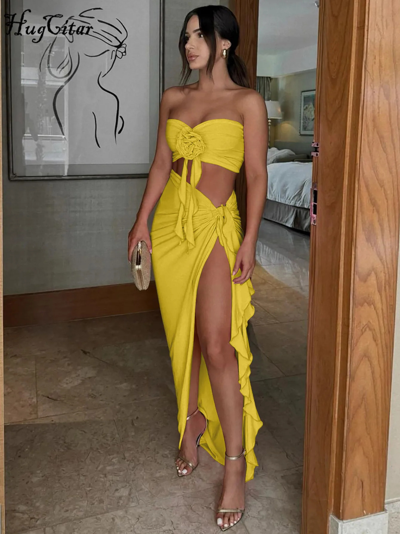Hugcitar Elegant 2 Pcs Sets Strapless Tie Flower Draped Sexy Crop Tank Top Slit Tassel Maxi Skirt Women Outfit Birthday Festival 260306