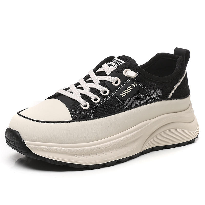 Free Shipping 2026 Women's Black & White Lace Panel Platform Sneakers, Chunky Sole Casual Shoes 34-40