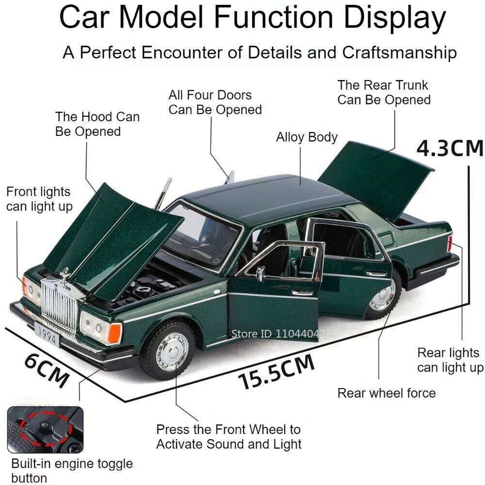 1:32 Rolls-Royce Silver Spur Phantom I Alloy Vintage Car Diecast Model Toys Sound Light Pull Back Doors Opened Home Decoration Z260306