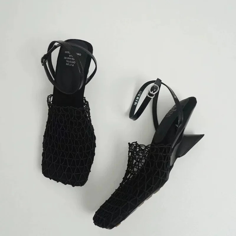 Summer Sandals Womens Lace Mesh Square Toe Shallow Narrow Strap Braided Slip-on High Heels Sandals 260306