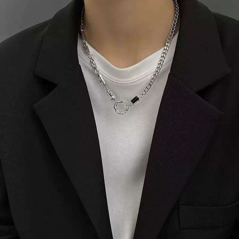Cuban hip-hop black gemstone necklace, men's street style, niche, unisex, high-end, stylish, trendy collarbone chain, niche