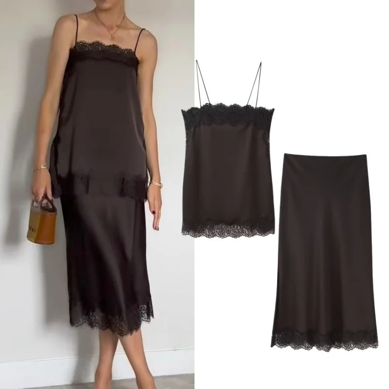 Tidalyf Women Two Piece Skirt Set Off Shoulder Lace Trim Cami Top with Split Hem Midi Skirt Sexy Elegant Outfit 260304