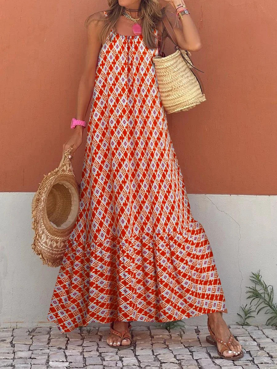 Womens Sleeveless Long Boho Dress Summer Loose Print Spaghetti Strap Flowy Dresses Bohemian Sundress Beachwear Party Coctail 260306