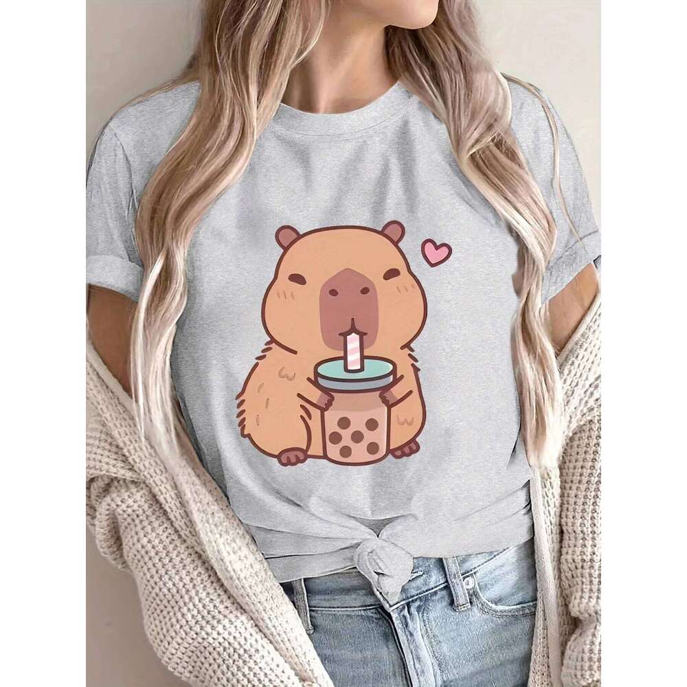 Women's Cute Boba Tee - Casual Short Sleeve Round Neck Polyester Knit Machine Washable Capybara T Shirt XJ260306 XJ260306