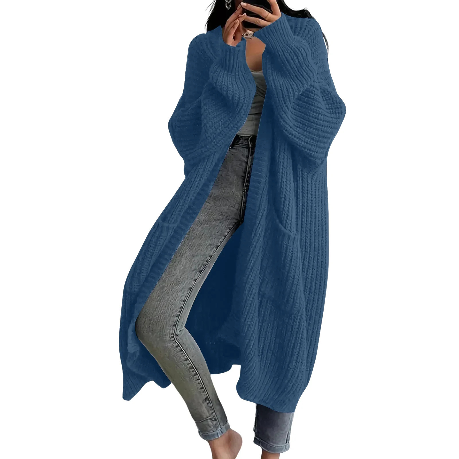 Womens Fashionable Solid Color Long Sleeved Knee Length Knitted Cardigan Fashion Lazy Trend Casual Warm Loose Outwear 260305