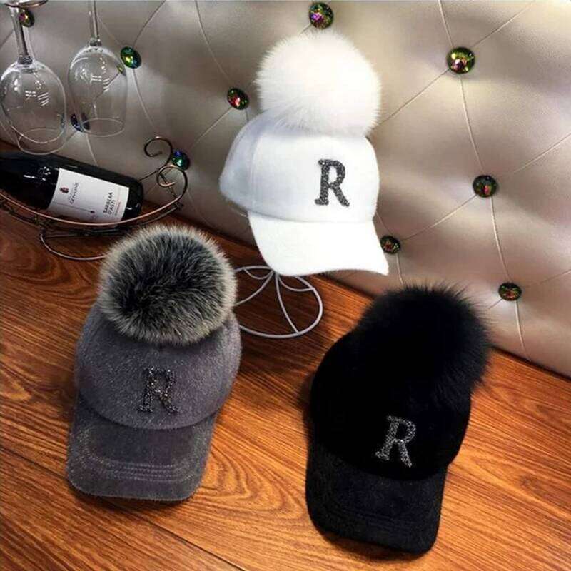 Autumn Winter Warm Baseball Cap Women Rhinestone Letter Pompom Hip Hop Caps Ladies Girls Fur Ball Casual Sun Hats Y260304