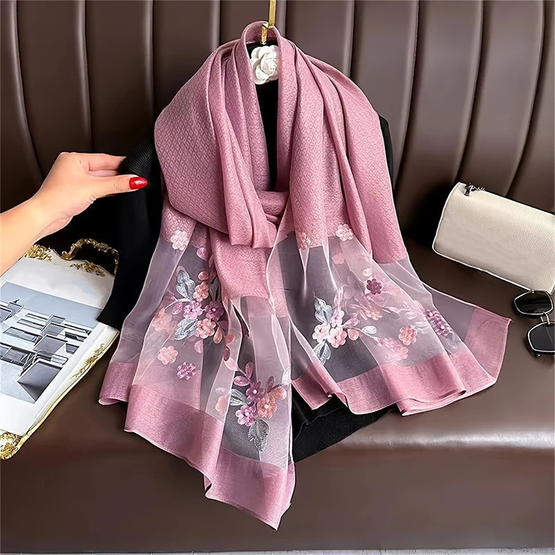 Women Silk Wool Scarf Floral Embroidery Hijab Female Foulard Spring Summer Thin Pashmina Shawls Wraps Bufanda Headscarf Stoles 260302