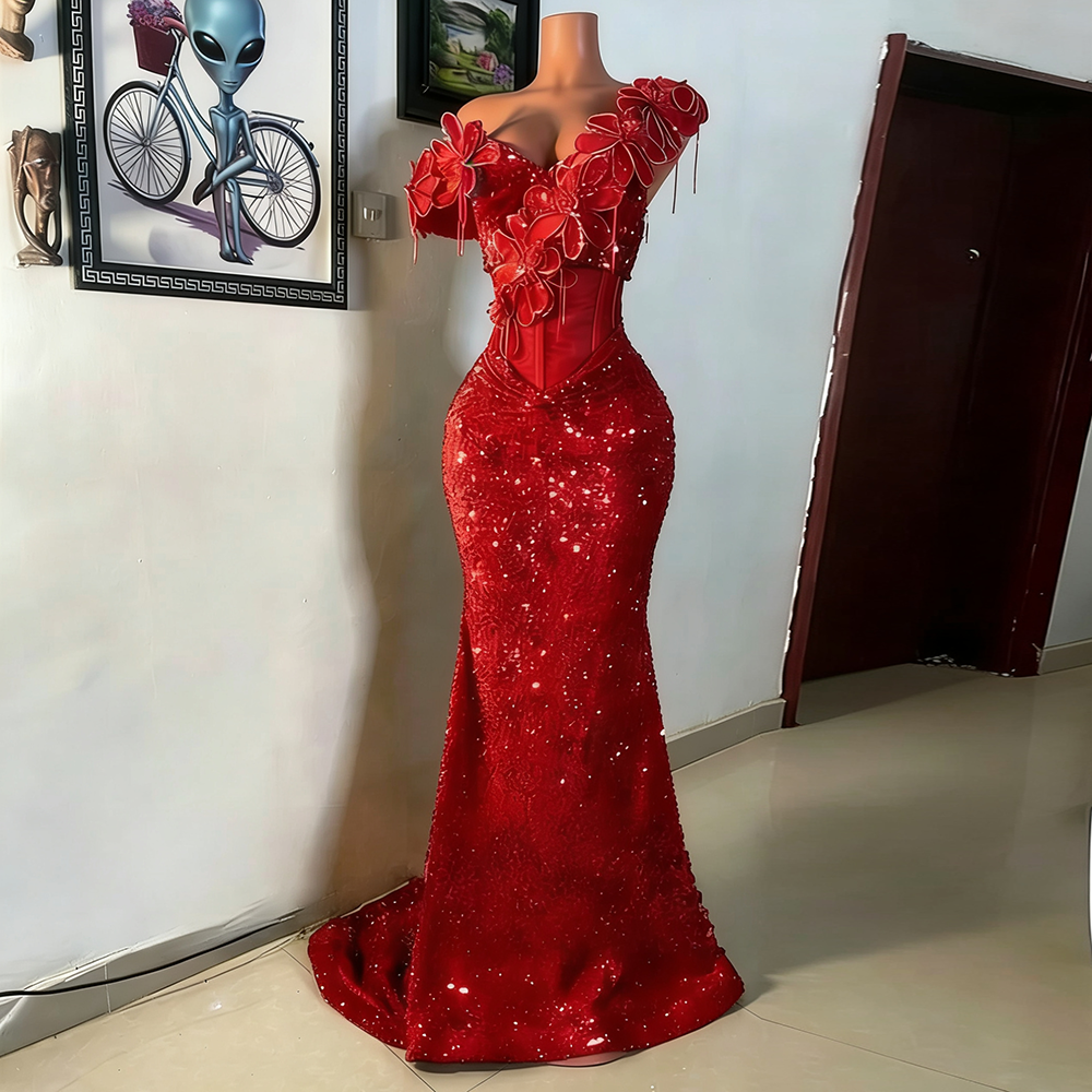 Red African Prom Dresses 2026 Black Girls Off Shoulder Crystals Appliques Sequins Formal Evening Party Gowns Vestidos De Graduacion
