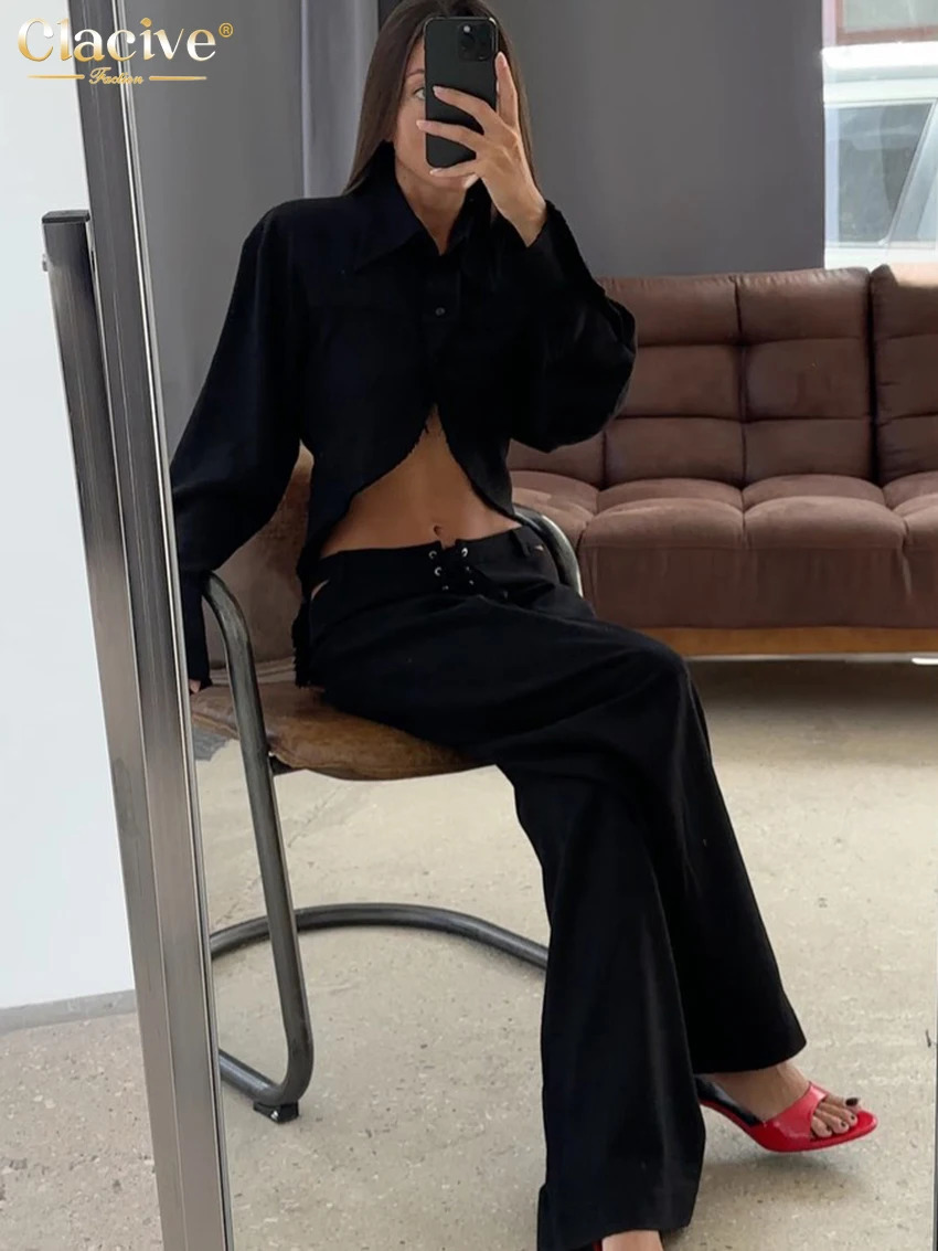 Clacive Fashion Loose White Linen Womens Two Pieces Set Elegant Long Sleeve Shirt With Mid Waist Wide Pants Streetwear 260306