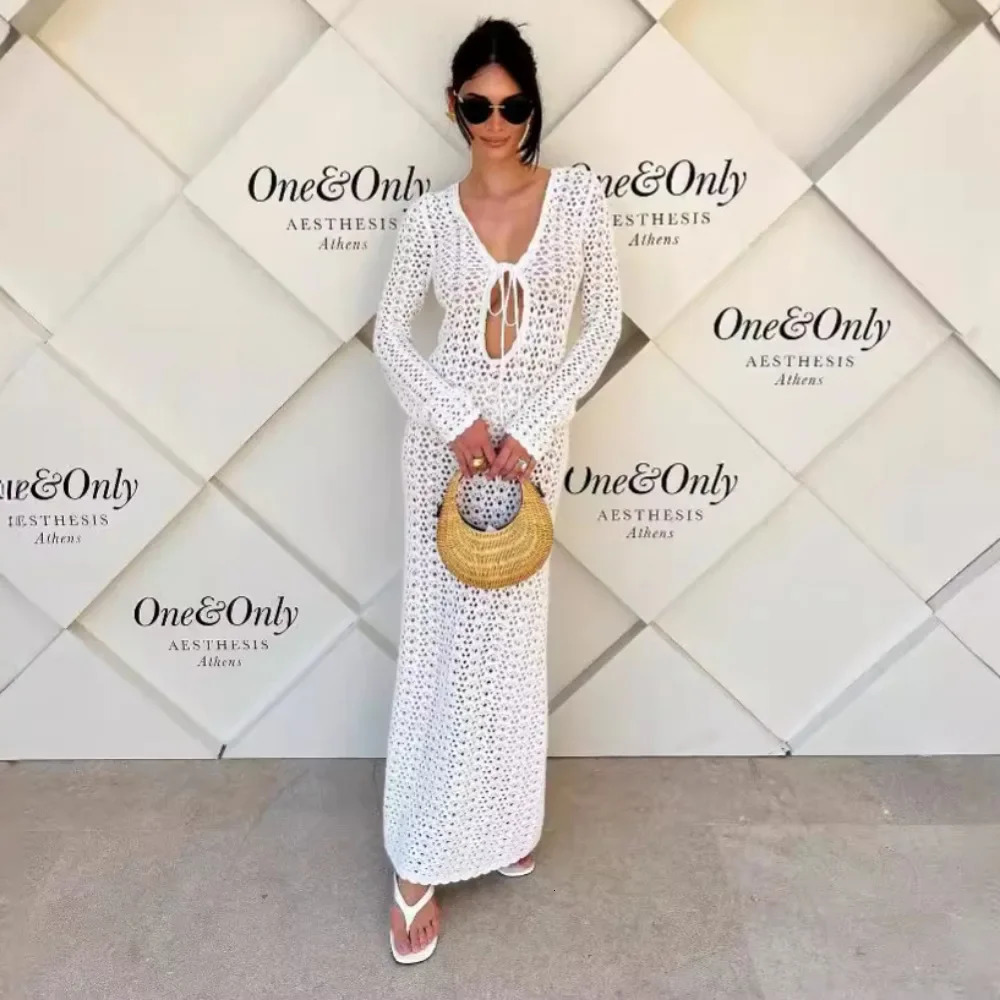 DRC Women Sexy Hollow Out Slim Maxi Boho Holiday White Knitted Beach Dresses Summer Long Sleeve Bikini Cover Up Dress 260306