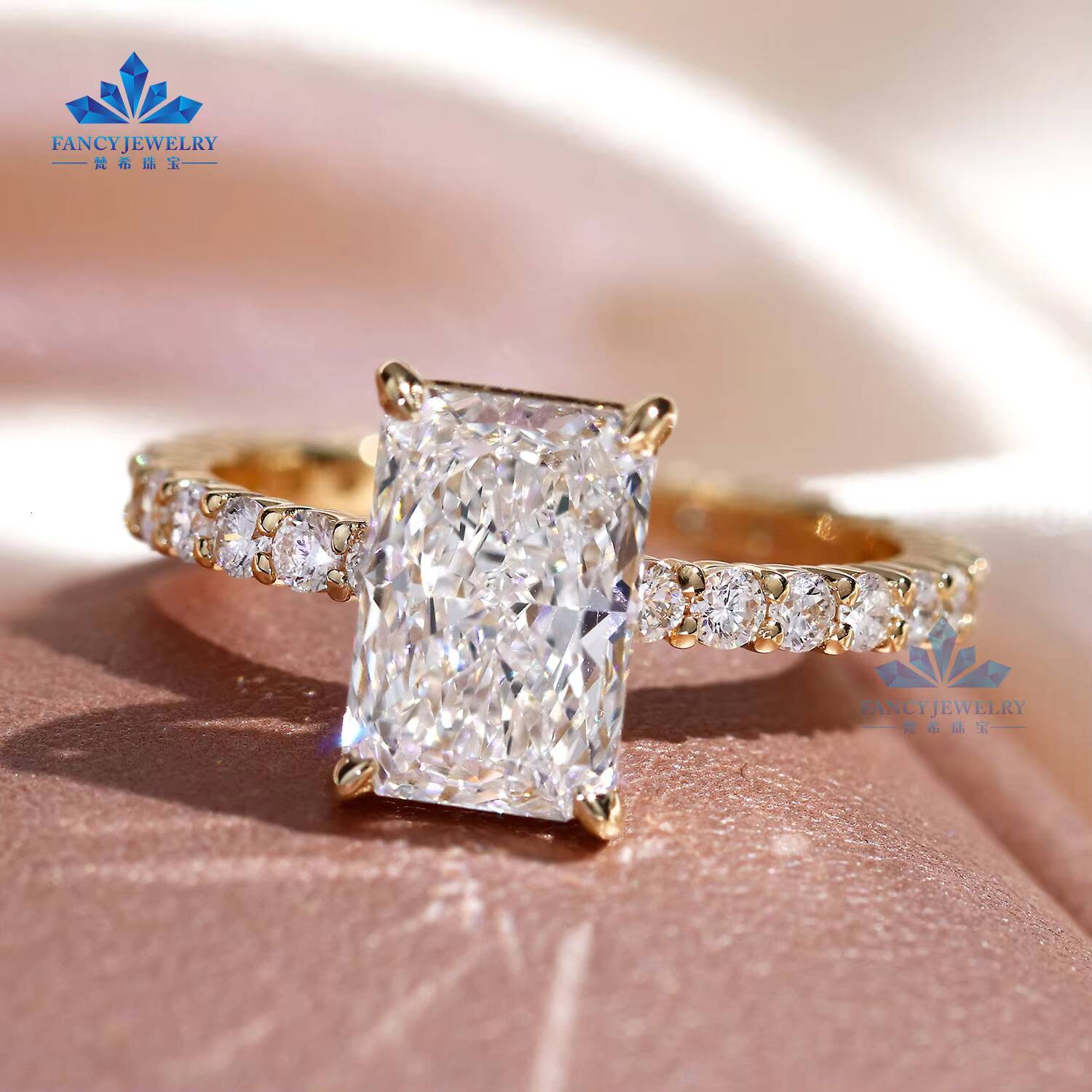 10K Solid Gold Radiant Cut Solitaire VVS VS IGI Certified Lab Grown Diamond Womens Halo Engagement Ring