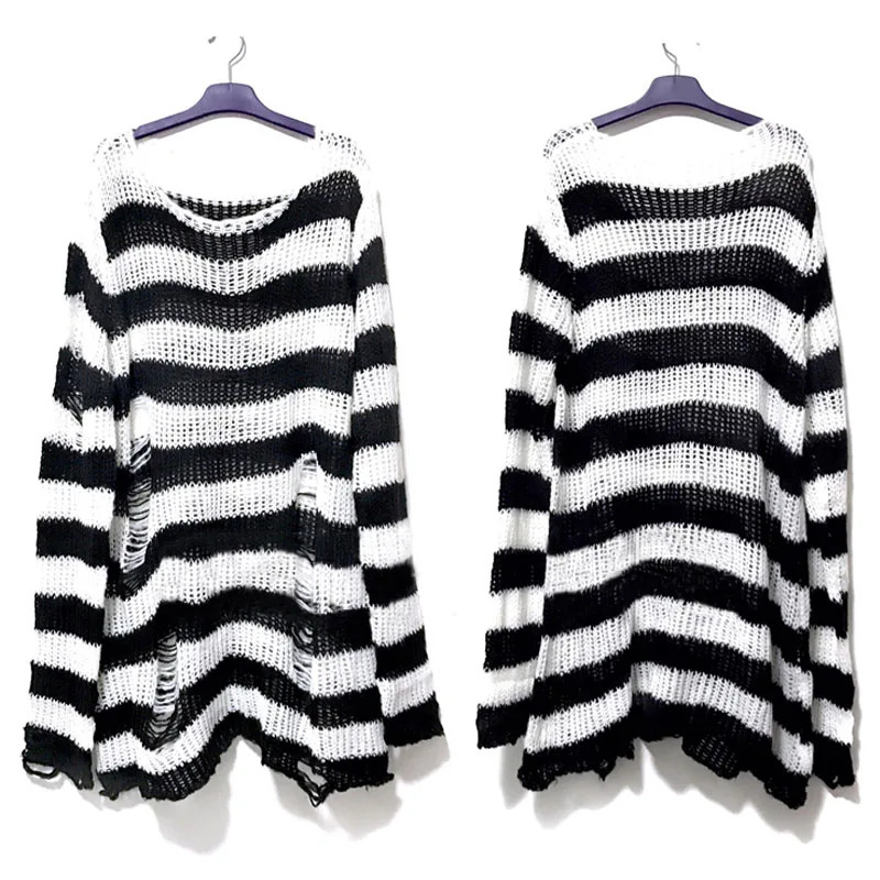 Punk Gothic Long Unisex Sweater Summer Women Striped Cool Hollow Out Hole Broken Jumper Loose Rock Thin Dark Streetwear Top 260306
