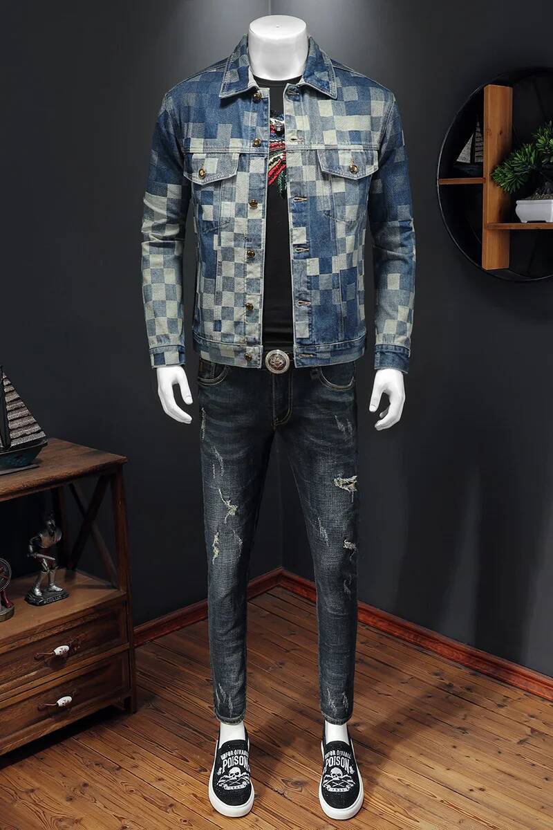 2025 Autumn Vintage Checkered Denim for Men Flip Collar Single Breasted Casual Business Jacket Social Street Wear Jeans