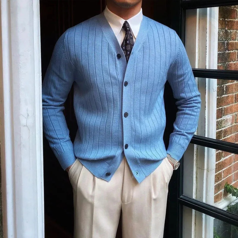 Autumn Winter Mens Business Casual V Neck Cardigan Solid Color Knit Sweatercoat Male Slim Fit Long Sleeve Knitted Sweater Tops 260306
