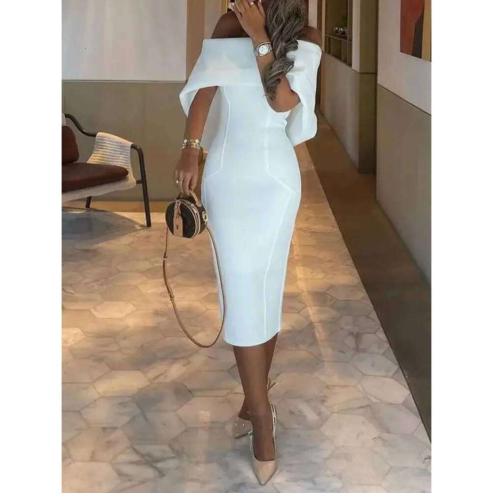 Muse Elegant Women Summer Off Shoulder Cape Design Splicing Skinny Dress Vestidos Woman Evening Party Dresses White