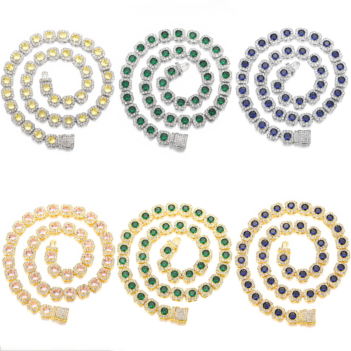 11mm Hip Hop Colorful Clustered Tennis Chain Necklace Full Sparkly Red Green Pink Blue Crystal Chains Rock Rapper Party Jewelry Accessories Gifts For 