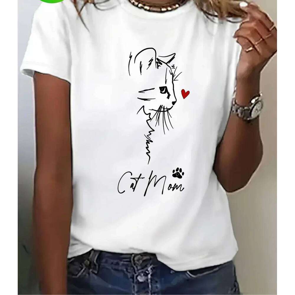 Mother's Day Gift for Moms - Women's Casual Short Sleeve T-Shirt with Cute Cat Mom Cartoon Print White & Black Graphic XJ260306 XJ260306