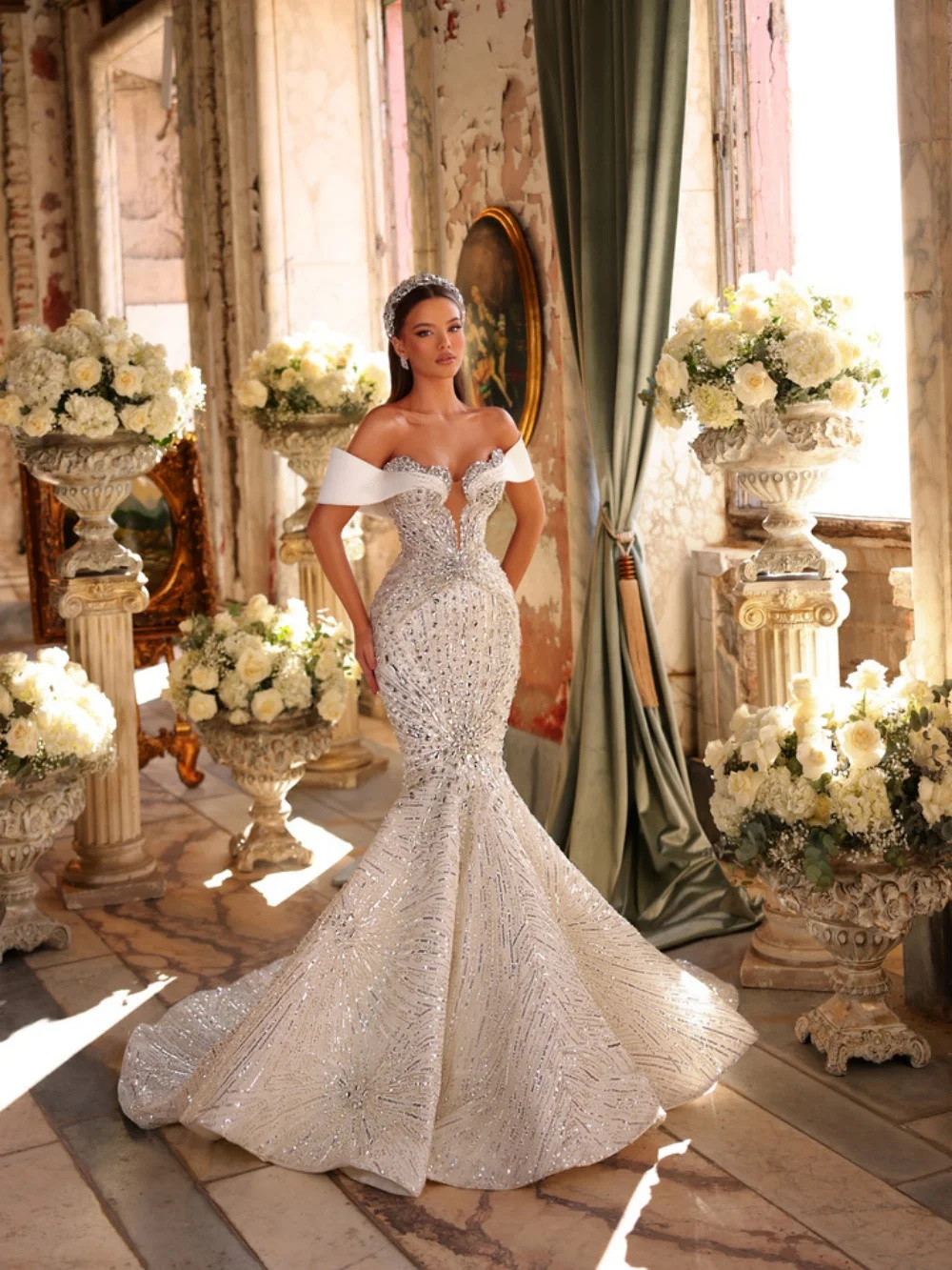 Royal Off The Shoulder Mermaid Wedding Dress Elegant Sequined Lace Bridal Gown Floor Length Bride Dresses Customized