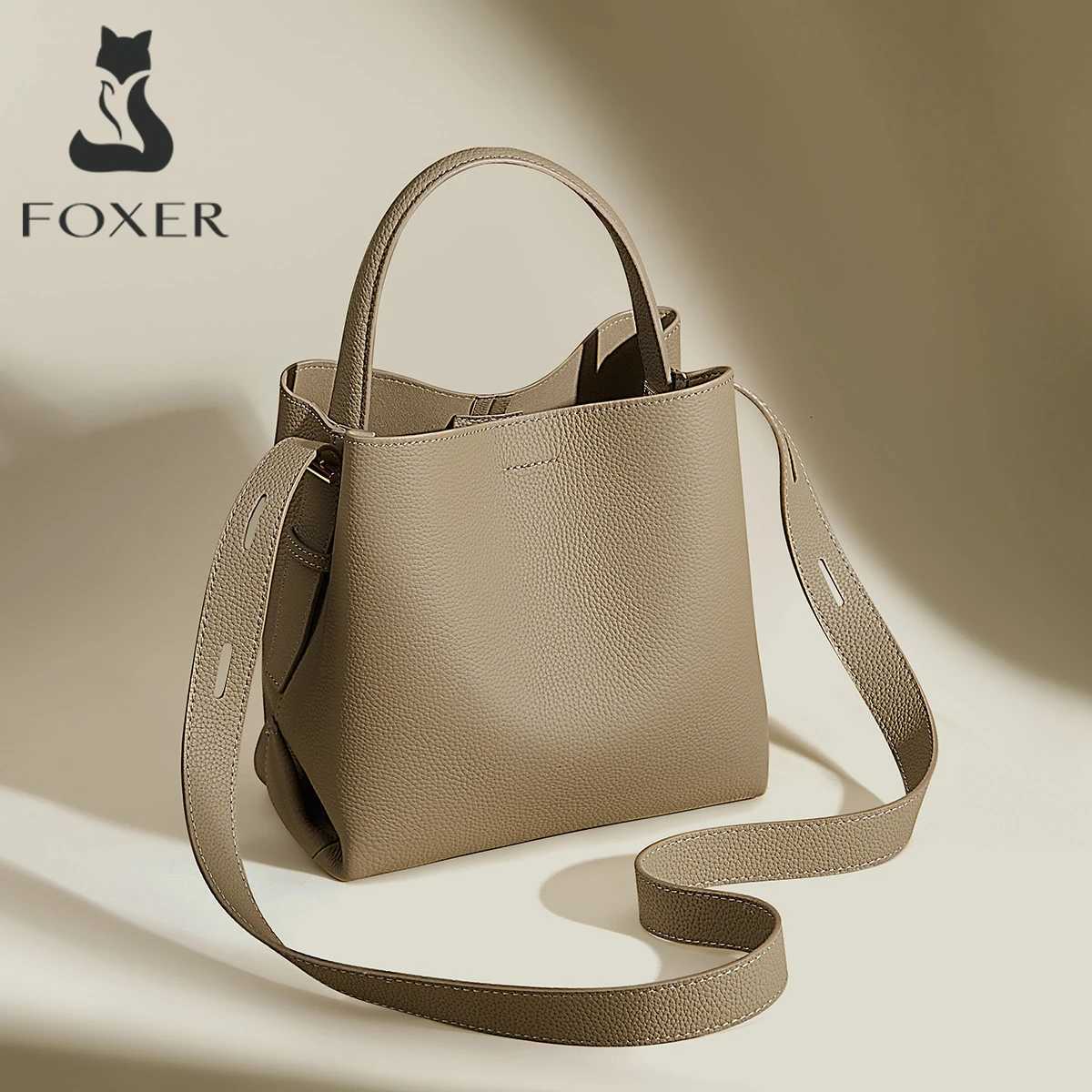 FOXER Simple Genuine Leather Handbag Womens Shoulder Bag Tote Bucket Bag Large Capacity Female Cross body Bag Pusre Casual H260306
